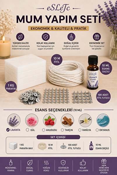 eSLeTc Mum Yapım Seti – 1 Kg Parafin + 10 m Fitil + 100 Fitil Tutucu + 10 ml ...
