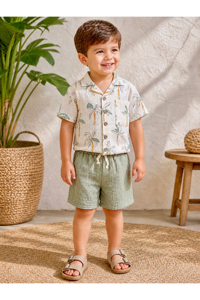 the Littles Kids 100% Cotton Muslin Fabric Palm Tree Patterned Khaki Color Sh...