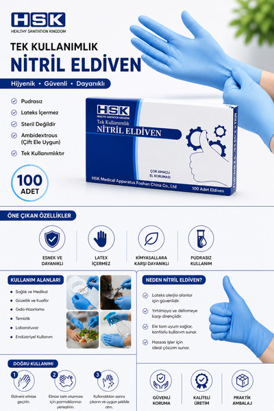 HSK Nitril Eldiven (M) beden mavi