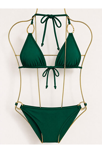 Maser Yeşil Gold Aksesuarlı Üçgen Kesim Bağlamalı Bikini Takımı