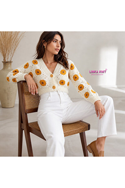 Linka Knit Daisy, Papatyalı Hırka, Pamuklu,Terletmeyen Hırka El Yapımı Tığ İş...