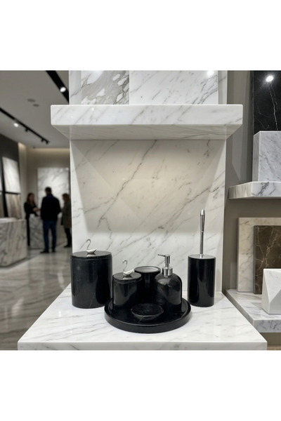 STONİST HOME DEKORASYON 7 li toros siyahı mermer banyo seti kuğu kulp desenli