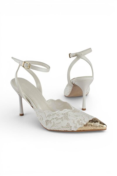 luuq shoes Lune Pointed Toe Lace Embroidered Gold Metal Buckle Heeled Shoes