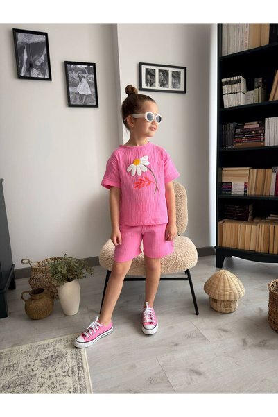 BERFONZO KIDS kız çocuk yazlık şortlu müslim takım nakış detay