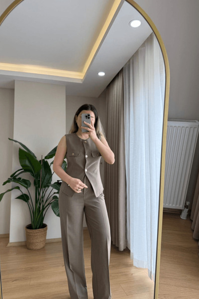 Haki Yelek Pantolon Takım (Pantolon Arka Bel Lastikli)
