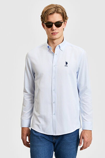 U.S. Polo Assn. قميص رجالي أساسي بأكمام طويلة باللون الأزرق الفاتح 50320276-V...