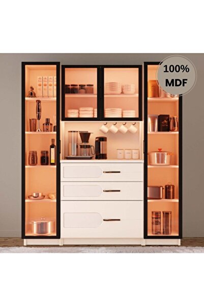comiet Açelya Mdf Kahve Köşesi Dolabı 4 kapak Çekmeceli Işıklı