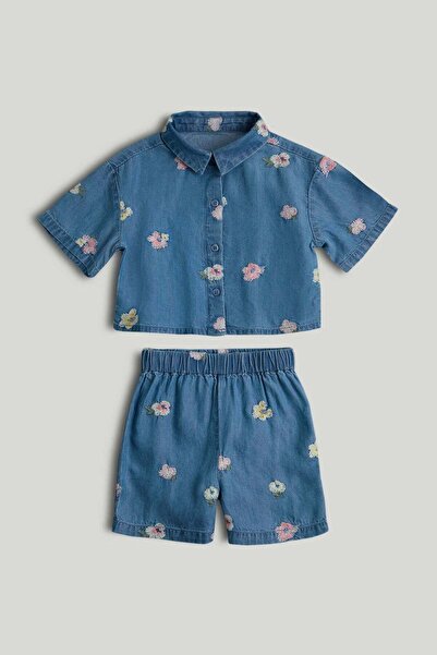 MOTHERCARE Blue Embroidered Shirt and Shorts Outfit