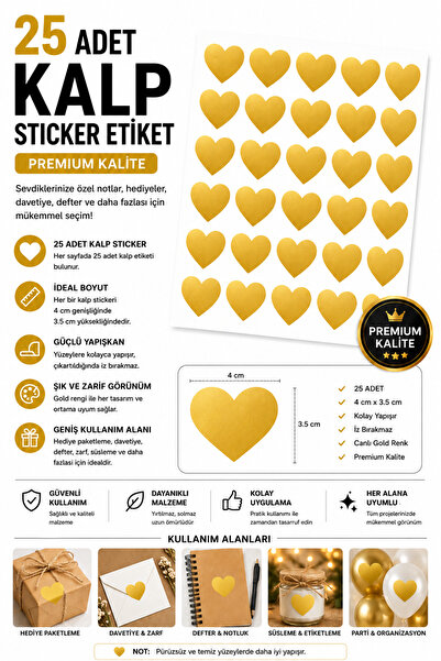 Organizasyon Pazarı 25 Adet Gold Kalp Sticker Etiket 4 cm Dekoratif Kalp Yapı...