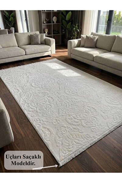 NaRStore Home Rölyef Saçaklı Krem Joy Modern Yumuşak Dokulu Kabartmalı Kaymaz...