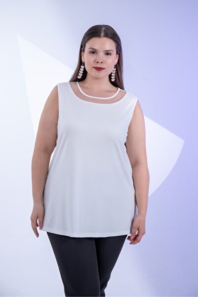 Roxxlen Women's Plus Size Tulle Detailed Sleeveless Blouse