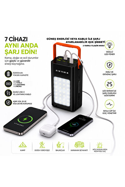 alpotekno 50000mAh LED Kamp Lambalı Powerbank 7 Cihaz Aynı Anda Şarj Type-C L...