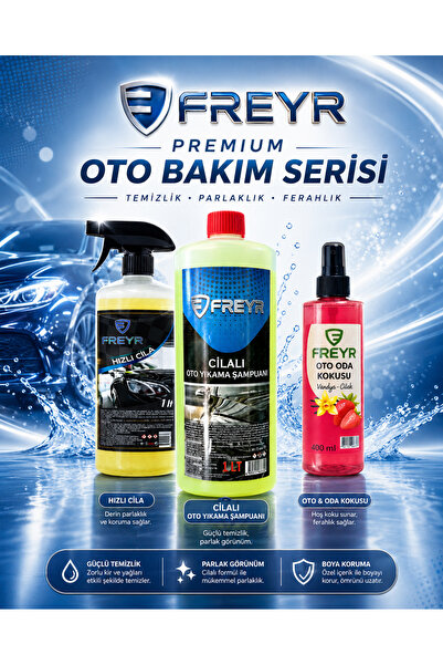 FREYR Oto Bakım Seti 3'lü Premium Oto Bakım Seti - Cilalı Oto Şampuanı 1 Lt + Hızlı Cila 1 Lt +400 Ml Vanilya Çilek Oto Kokusu