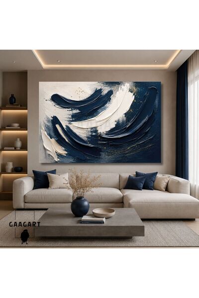 GAAGART Tekli Yatay Kanvas Tablo Dijital Baskı Gece Mavisi Lacivert Fırça Dar...