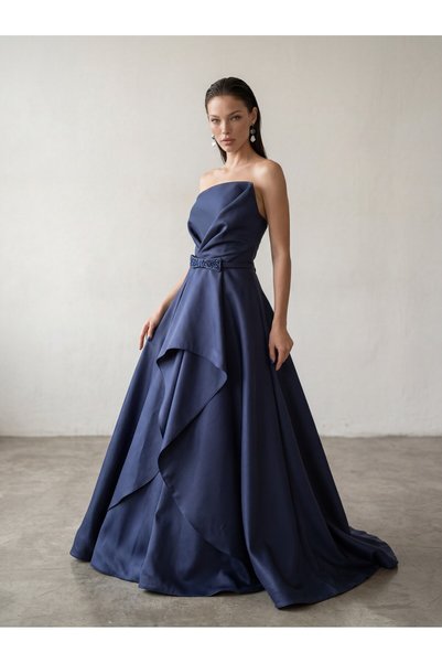 Luna Bride Lacivert Asimetrik Yaka Elbise