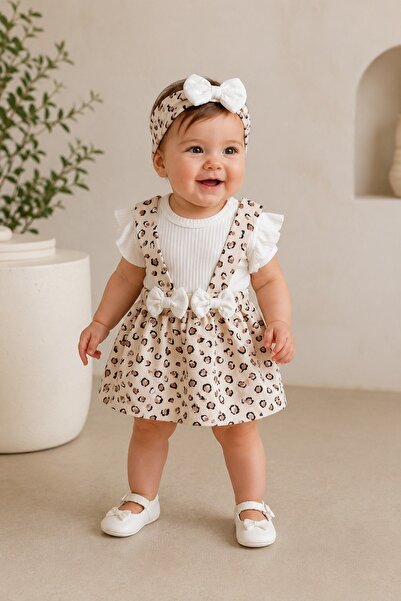 Kız Bebek Leopar Desenli Bandanalı 3lü Takım Kısa Kollu Alttan Çıtçıtlı Body+Ribanalı Salopet Elbise