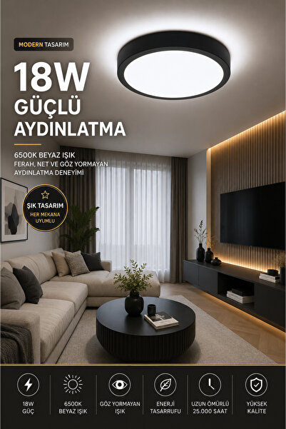 luxshome 18W Led Panel Avize Yuvarlak Siyah 6500K Beyaz Işık Tavana Sıfır Mod...