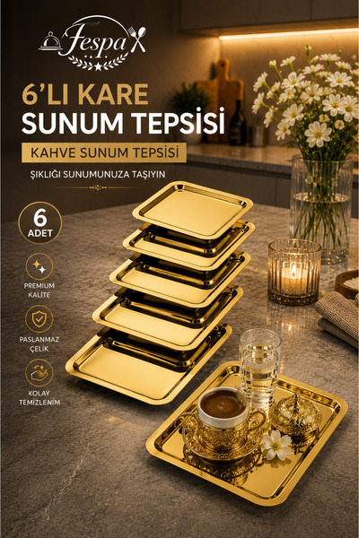 Fespa Gold 6’lı Kare Sunum Tepsisi 23 CM Lüks Kahve Sunum Seti