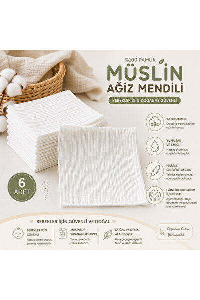 TİNY GOLDEN Müslin Ağız Mendili 6’lı Set %100 Pamuk Yumuşak Emici Yenidoğan B...
