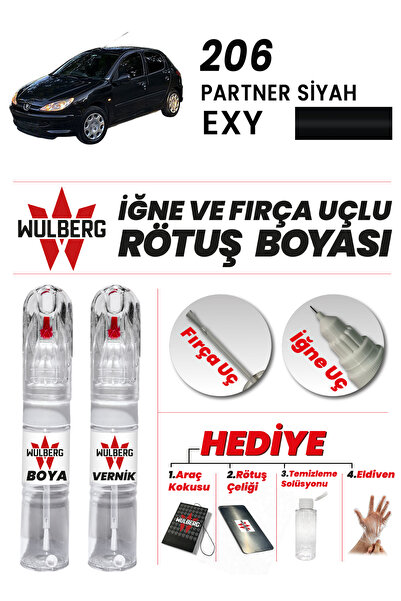 Wulberg Peugeot 206 Partner Siyah EXY Rötuş Boya 25 ml + Vernik İğne & Fırça ...