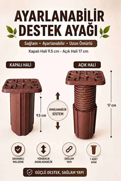 Badem10 Kare Başlı Kahve Uzayabilir Destek Ayağı 9,5x17 Cm Sert Plastik Ayarl...