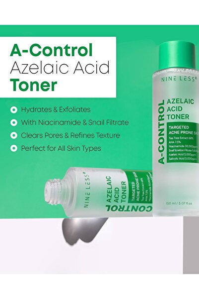 Nineless A-Control Azelaic Acid Toner with AHA & BHA - Pore Refining & Soothing Facial Toner for Acne-Prone Skin - Redness Relief & Dark Spot Corrector, Korean Skincare