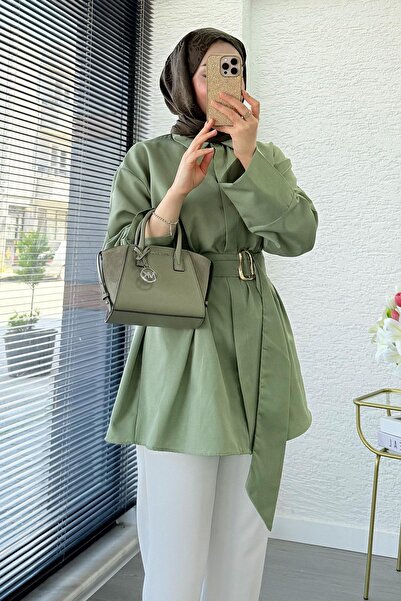 MELEK ARAZ Bronş Detaylı Geniş Kemerli Poplin Tunik – Yeşil