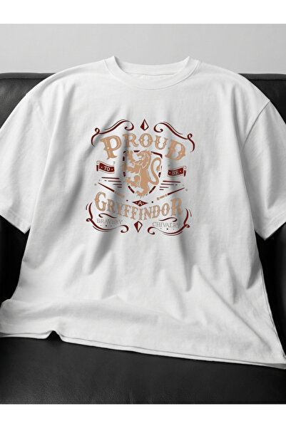 Savnera Harry Potter Proud Gryffindor Baskılı Oversize Unisex Pamuklu Beyaz T...