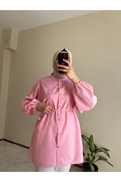 ELORİA H.A.Y Hakim Yaka Dantel Detaylı Tesettür Gömlek- PEMBE