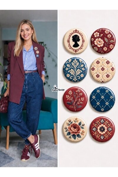 Punky Store 8 li Set-5 Vintage Çiçek Desenli Rozet Seti Retro Bordo Mavi Etni...