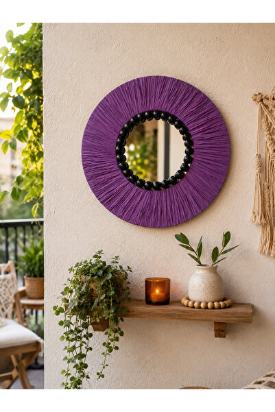 BOHEM Hasır Boncuklu Ayna – Balkon & Duvar Dekoru 30cm