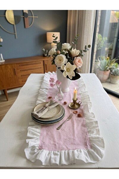 Doğa teks home Pembe pötikare Fırfırlı Runner (30x90)