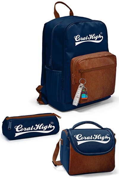 Coral High Navy Blue Brown 3-Piece School Bag Set Set0133236