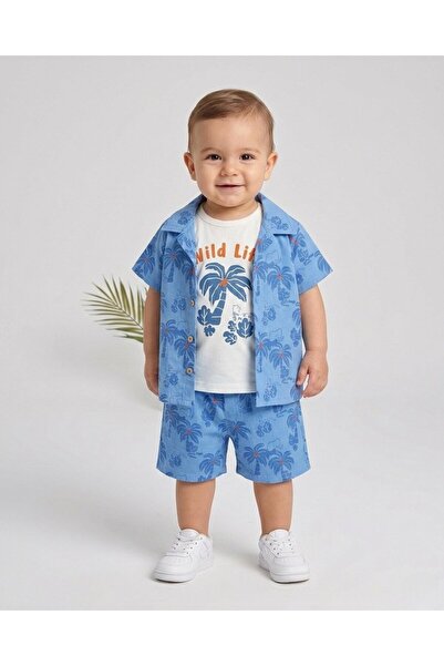 Ege Bebek Baby Boy Palm Tree Printed Muslin Shirt and Shorts Summer Muslin Se...