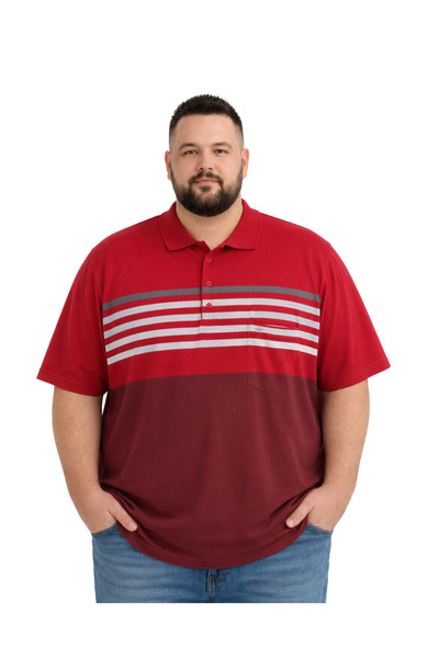 BattalModa Erkek Büyük Beden Kırmızı Polo Yaka Kısa Kollu Şeritli Tişört 3XL-...