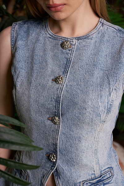 Coşkun GİYİM Waist-Seated Buttoned Vest Snow Washed Light Blue 6086-08