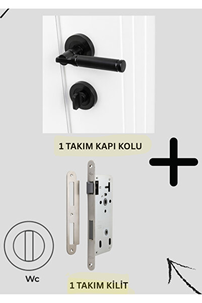 EVEO YUVARLAK ROZETLİ LÜKS SİYAH PARİS WC KAPI KOLU VE KİLİT (WC KAPILARI İÇİ...