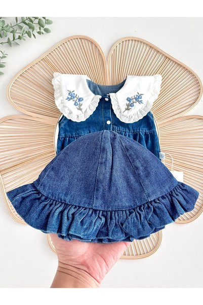 Jammybaby Jena Summer Jean Premium Vintage Collar Embroidered Lace Baby Girl Denim Romper Jumpsuit and Hat Set