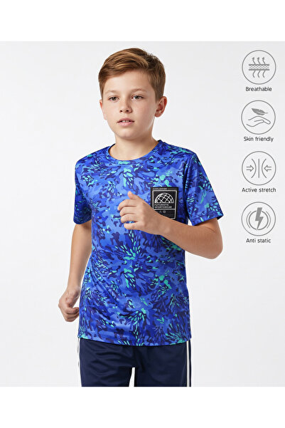 Pine Active Knit Half Sleeves Drop Shoulder T-Shirt with Abstract Print - Blue