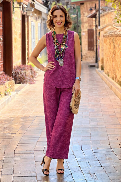 Nevin Kaya Moda Sicily Fuchsia Gray Pants Blouse Double Set