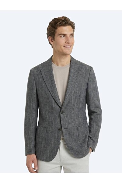 Kip Petrol Çizgili Modern Fit Keten Karışımlı Ceket
