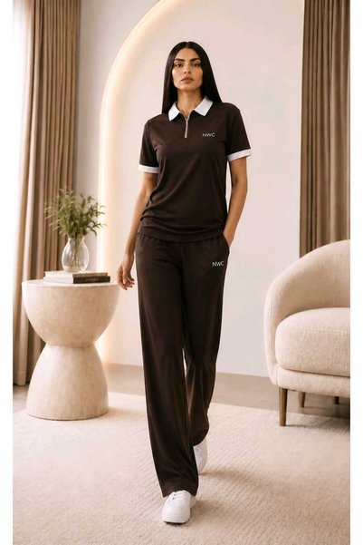 NWC ELİNA Kahverengi İkili Takım Palazzo Compact Fabric Modal Kumas Pantolon Takım (Yumusak Kumaş ve Tülerme yapmaz)