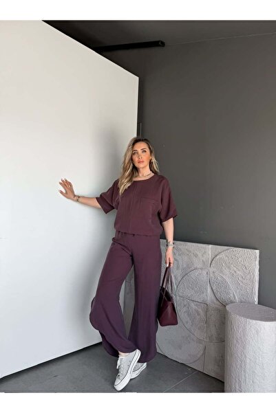 Zerrincan Giyim Bordo Yırtmaç Detaylı Beli Büzgülü Takım