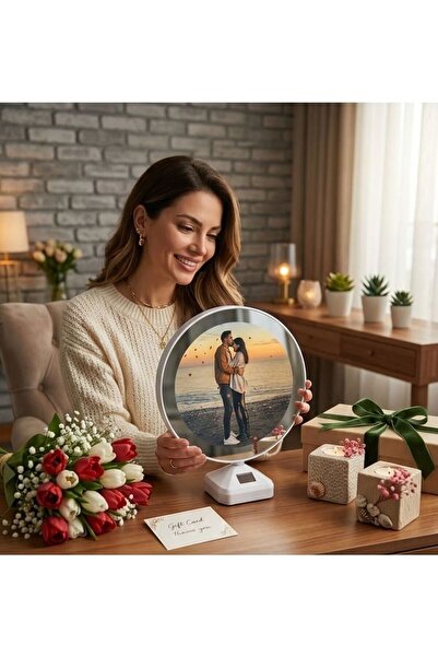 CosmArabic Led Işıklı Fotoğraflı Yuvarlak Fotoğraf Çerçevesi ve Dekoratif Ayn...