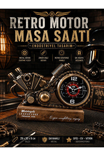 KOLAYEV Retro Metal Motor Tasarımlı Masa Saati Endüstriyel Dekoratif Ofis Saa...