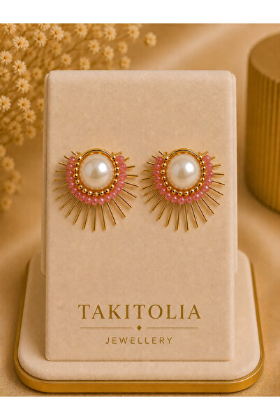 Takıtolia Chosen Pink Pearl Look Bead Embellished Gold Color Sun Shaped Premi...