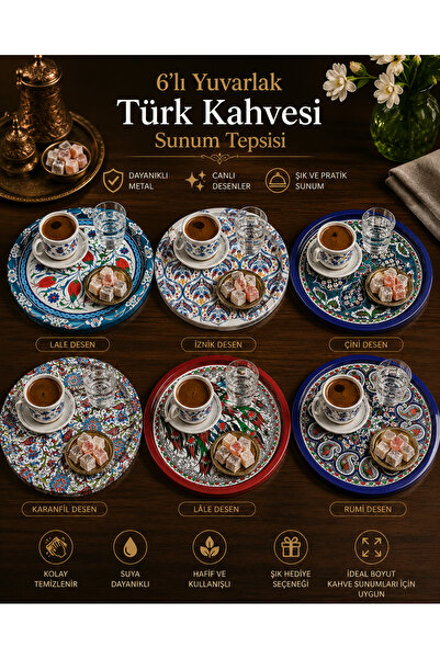 Dem Home 6 Adet Metal Çini Model Kahve Sunum Tepsisi Yuvarlak METAL Tepsi Çin...