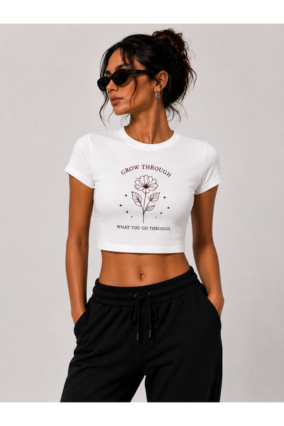 EVIus Tricou Crop pentru femei, cu imprimeu Grow Through, 100% bumbac, Lycra,...