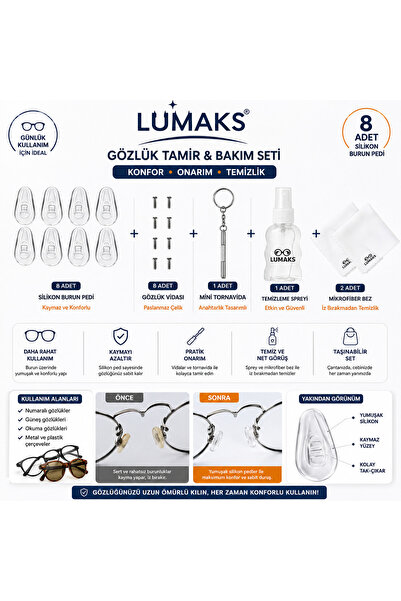 LUMAKS Profesyonel Gözlük Onarım Seti | Silikon Burunluk + Vida + Tornavida +...
