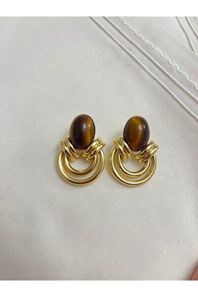 Vivante Vintage Model Taş Detaylı Gold Kararmaz Çelik Premium Küpe